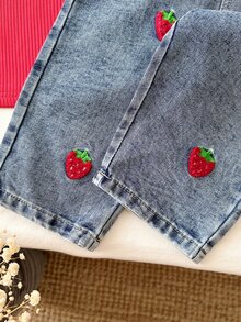 2pcs/Set Baby Girl Autumn Long Sleeve Overall Pants Set, Red Ribbed Top With Ruffle Straps, 3D Strawberry Applique, Family Matching Vacation Matcha - Red - View 10