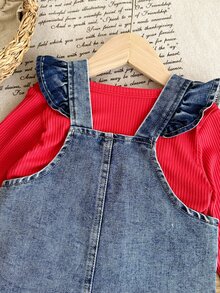 2pcs/Set Baby Girl Autumn Long Sleeve Overall Pants Set, Red Ribbed Top With Ruffle Straps, 3D Strawberry Applique, Family Matching Vacation Matcha - Red - View 11