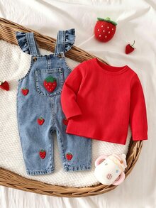 2pcs/Set Baby Girl Autumn Long Sleeve Overall Pants Set, Red Ribbed Top With Ruffle Straps, 3D Strawberry Applique, Family Matching Vacation Matcha - Red - View 4