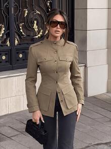 Lumalex Autumn Women's Regular Fit Mock Neck Jacket Large Pockets Structured Casual Classic Office Business Khaki Green - Khaki - View 3
