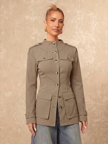 Lumalex Autumn Women's Regular Fit Mock Neck Jacket Large Pockets Structured Casual Classic Office Business Khaki Green - Khaki - View 7