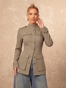 Lumalex Autumn Women's Regular Fit Mock Neck Jacket Large Pockets Structured Casual Classic Office Business Khaki Green - Khaki - View 10