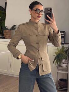 Lumalex Autumn Women's Regular Fit Mock Neck Jacket Large Pockets Structured Casual Classic Office Business Khaki Green - Khaki - View 2