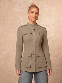 Lumalex Autumn Women's Regular Fit Mock Neck Jacket Large Pockets Structured Casual Classic Office Business Khaki Green - Khaki - View 6