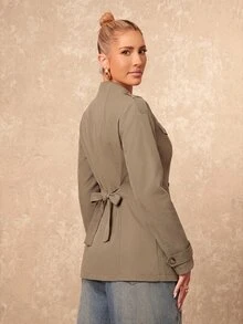 Lumalex Autumn Women's Regular Fit Mock Neck Jacket Large Pockets Structured Casual Classic Office Business Khaki Green - Khaki - View 5