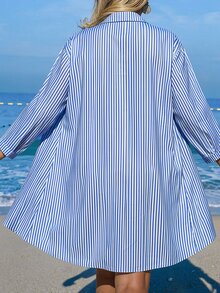 Swim Lushoire Women's White Coconut Tree Button Casual Vacation Beach Kimono Cover Up - Blue and White - View 2