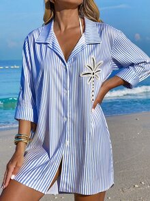 Swim Lushoire Women's White Coconut Tree Button Casual Vacation Beach Kimono Cover Up - Blue and White - View 1