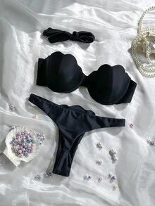 Swim Mod 2pcs Petal Patchwork Hard Cup Detachable Strap Solid Color Sexy Bikini Set, Black With Black Cup - Black - View 4