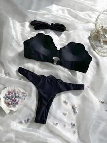Swim Mod 2pcs Petal Patchwork Hard Cup Detachable Strap Solid Color Sexy Bikini Set, Black With Black Cup - Black - View 3