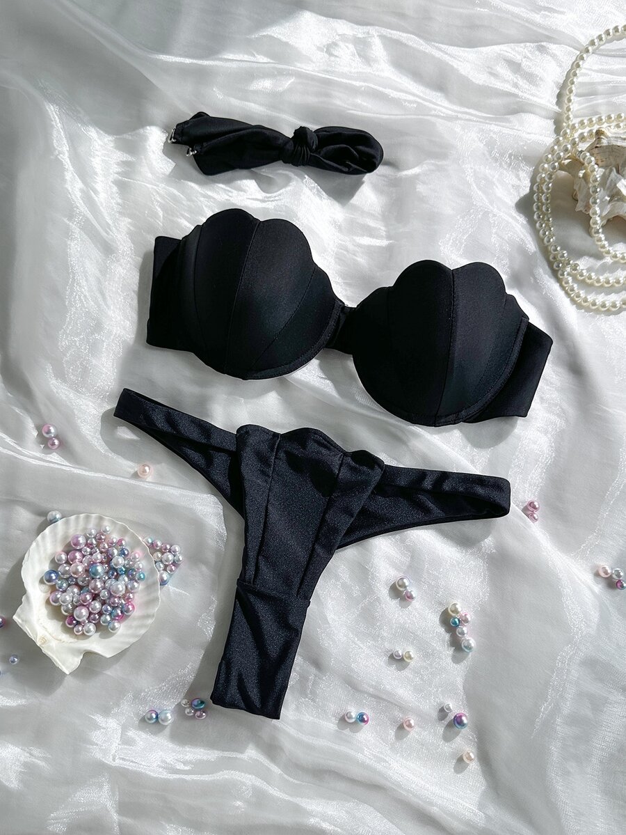Swim Mod 2pcs Petal Patchwork Hard Cup Detachable Strap Solid Color Sexy Bikini Set, Black With Black Cup - Black - View 1