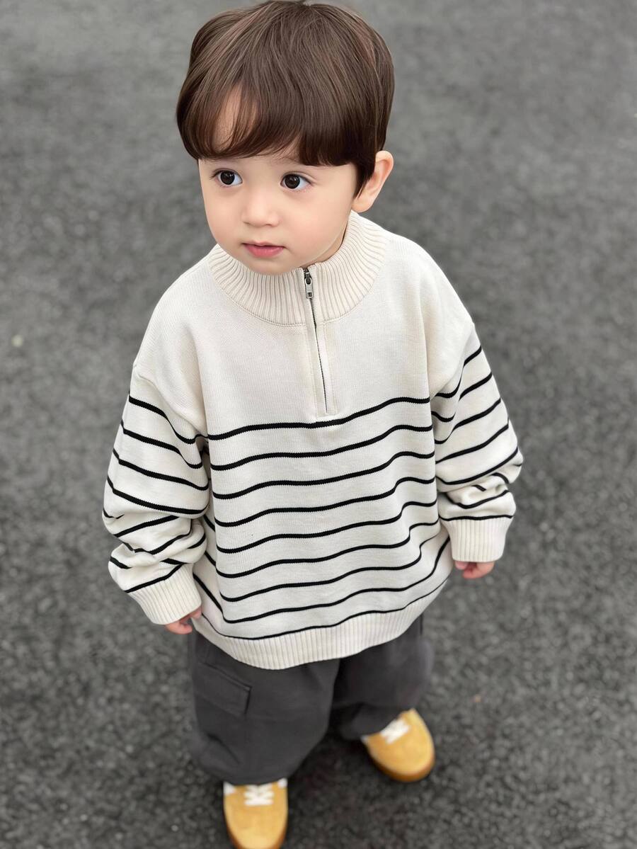 Kids Young Boy Casual College Retro Style Comfortable Soft Striped Knit Pullover Sweater , Suitable For Fall/Winter, Kids For Birthday Party, Evening Event, School Opening Ceremony
