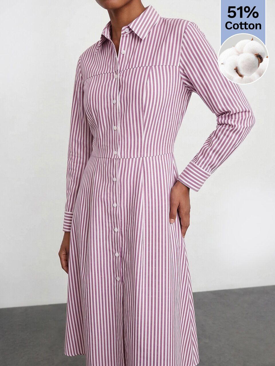 SHEIN Maija Vestido Longo Feminino Listrado Roxo e Branco, Cintura Marcada, Gola de Camisa, Manga Longa, Estilo A-Line, Urbano, Casual, Férias, Negócios, Campo, Verão e Outono