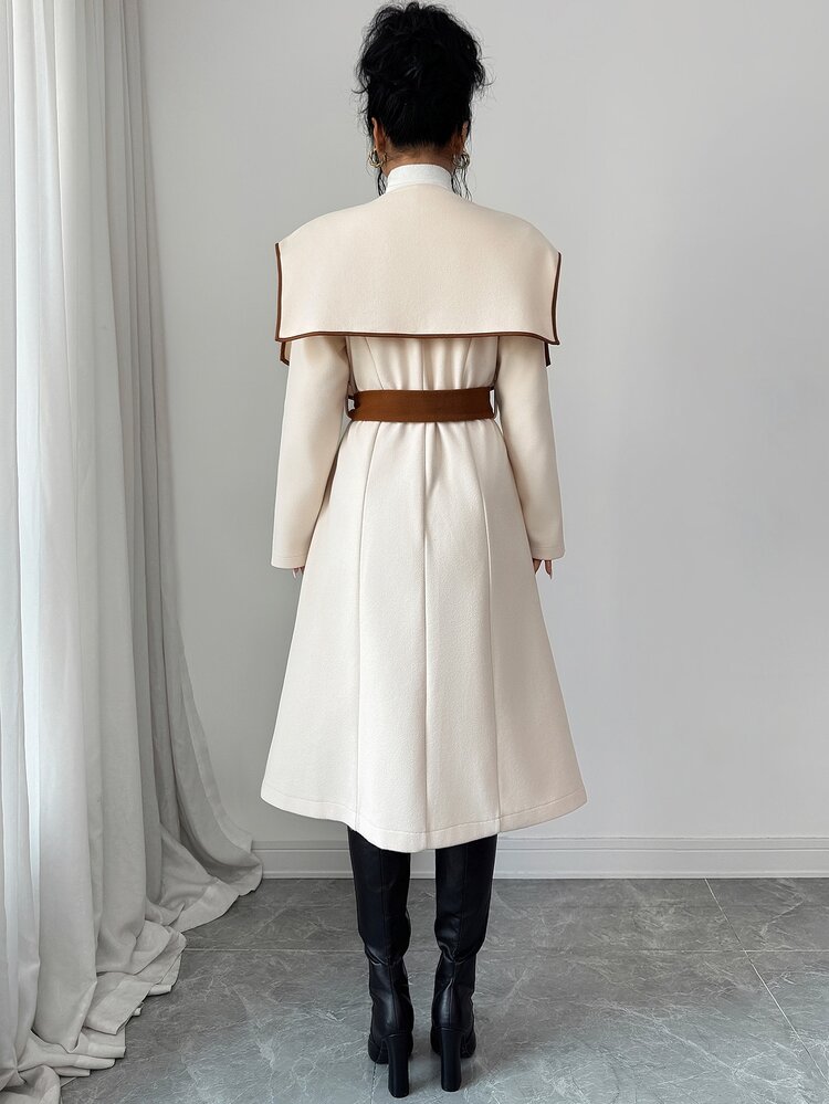 Elenzga 1pc Contrast Binding Waterfall Collar Belted Overcoat - Multicolor - View 2