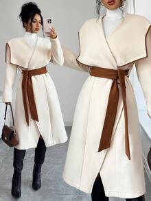 Elenzga 1pc Contrast Binding Waterfall Collar Belted Overcoat - Multicolor - View 1