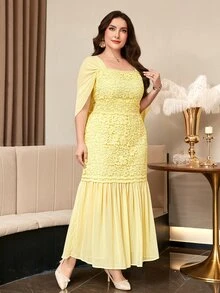 Reflora Plus Size Women's Elegant Ruched Waist Party Dress - Yellow - View 6