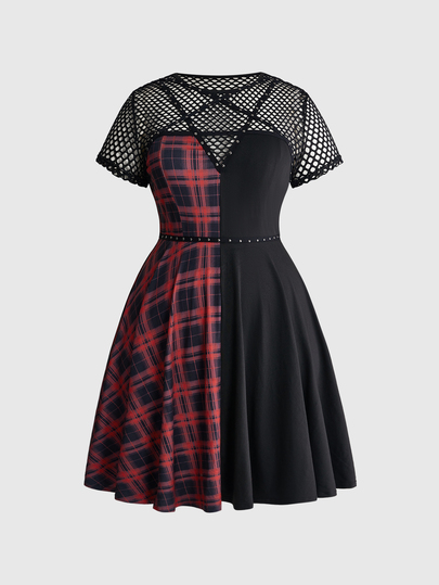 Grunge Punk Plaid Mesh Patchwork Pentagram Plus Size Short Dress