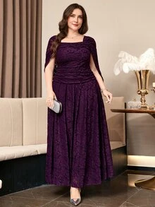 Reflora Plus Size Women Lace Ruffle Elegant Waist-Cinching Party Dinner Formal Dress Wedding Dark Purple Summer - Purple - View 5