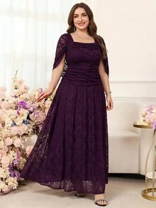 Reflora Plus Size Women Lace Ruffle Elegant Waist-Cinching Party Dinner Formal Dress Wedding Dark Purple Summer - Purple - View 1