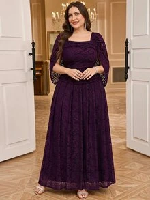 Reflora Plus Size Women Lace Ruffle Elegant Waist-Cinching Party Dinner Formal Dress Wedding Dark Purple Summer - Purple - View 7