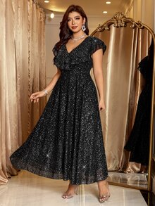 Reflora Plus Size Women's V-Neck Shiny Casual Party Dress - Brown - View 5