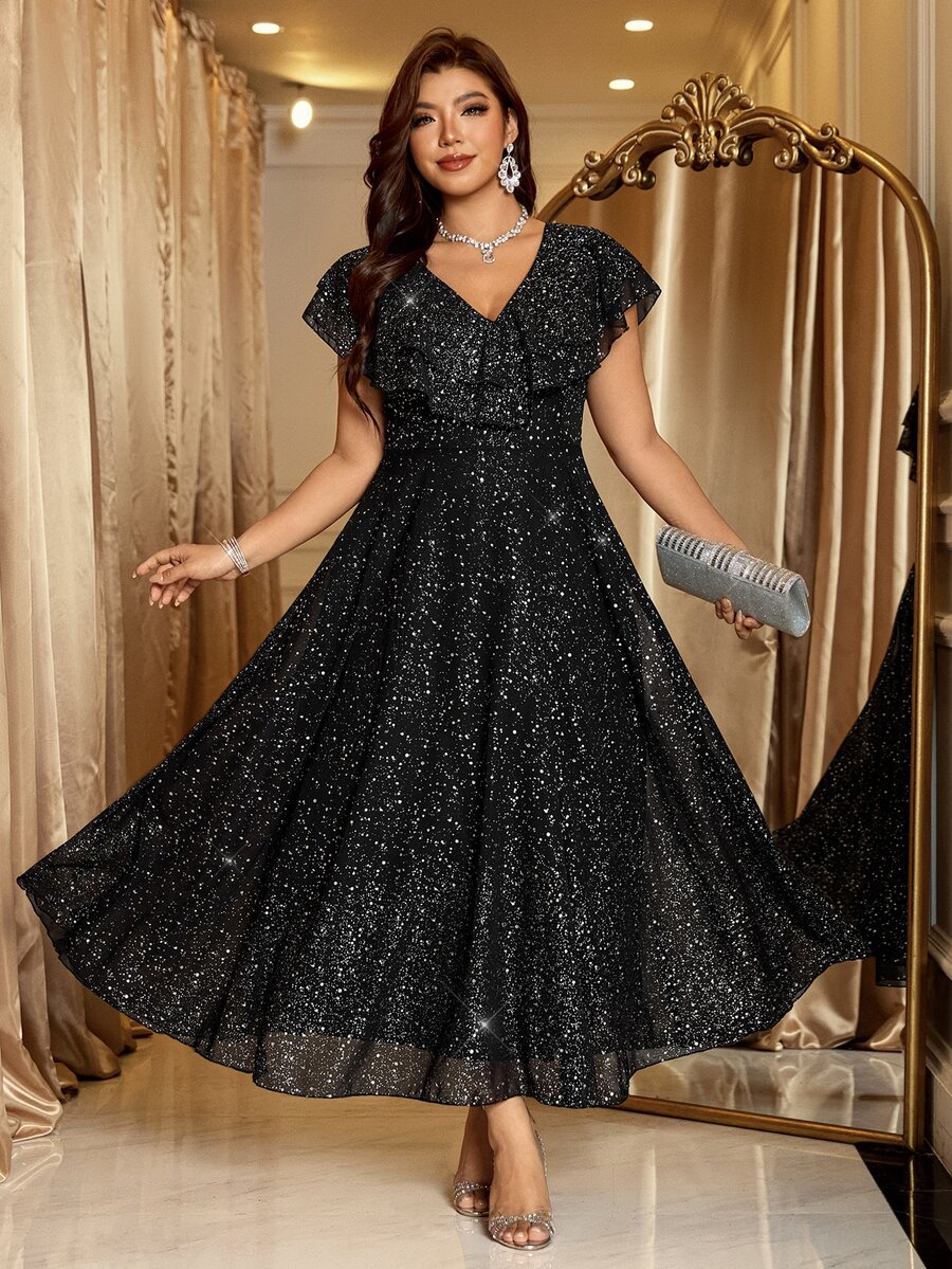 Reflora Plus Size Women's V-Neck Shiny Casual Party Dress