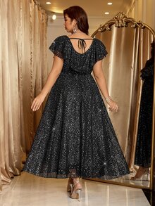 Reflora Plus Size Women's V-Neck Shiny Casual Party Dress - Brown - View 3