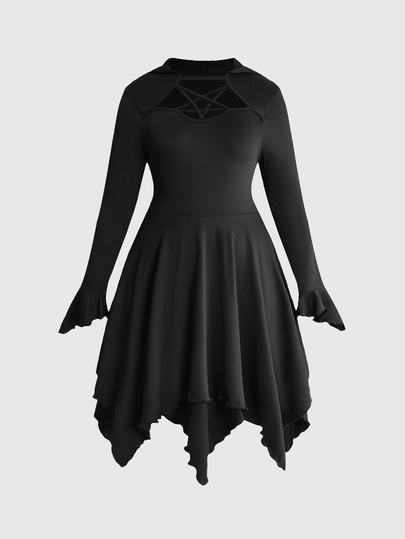 Goth Vestido con capucha de talla grande para mujer de estilo gótico oscuro con diseño de encaje calado, dobladillo asimétrico, manga larga, para fiesta de Halloween