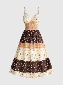 ROMWE Bohemian Hippie Style Star Moon Cashew Pattern Printed Plus Size Spaghetti Strap Dress - Multicolor - View 1