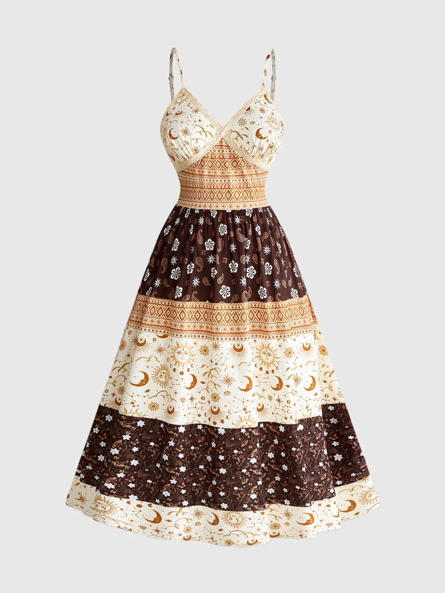 ROMWE Bohemian Hippie Style Star Moon Cashew Pattern Printed Plus Size Spaghetti Strap Dress - Multicolor - View 1