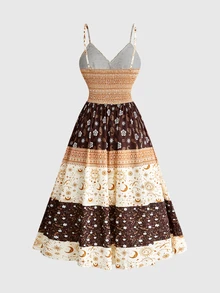 ROMWE Bohemian Hippie Style Star Moon Cashew Pattern Printed Plus Size Spaghetti Strap Dress - Multicolor - View 2