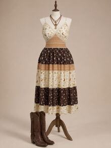 ROMWE Bohemian Hippie Style Star Moon Cashew Pattern Printed Plus Size Spaghetti Strap Dress - Multicolor - View 5