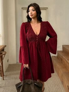 SHEIN Frenchy 大尺碼女款對比蕾絲喇叭袖前綁帶優雅洋裝 - 紅色 - 查看 7
