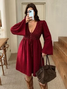SHEIN Frenchy 大尺碼女款對比蕾絲喇叭袖前綁帶優雅洋裝 - 紅色 - 查看 3