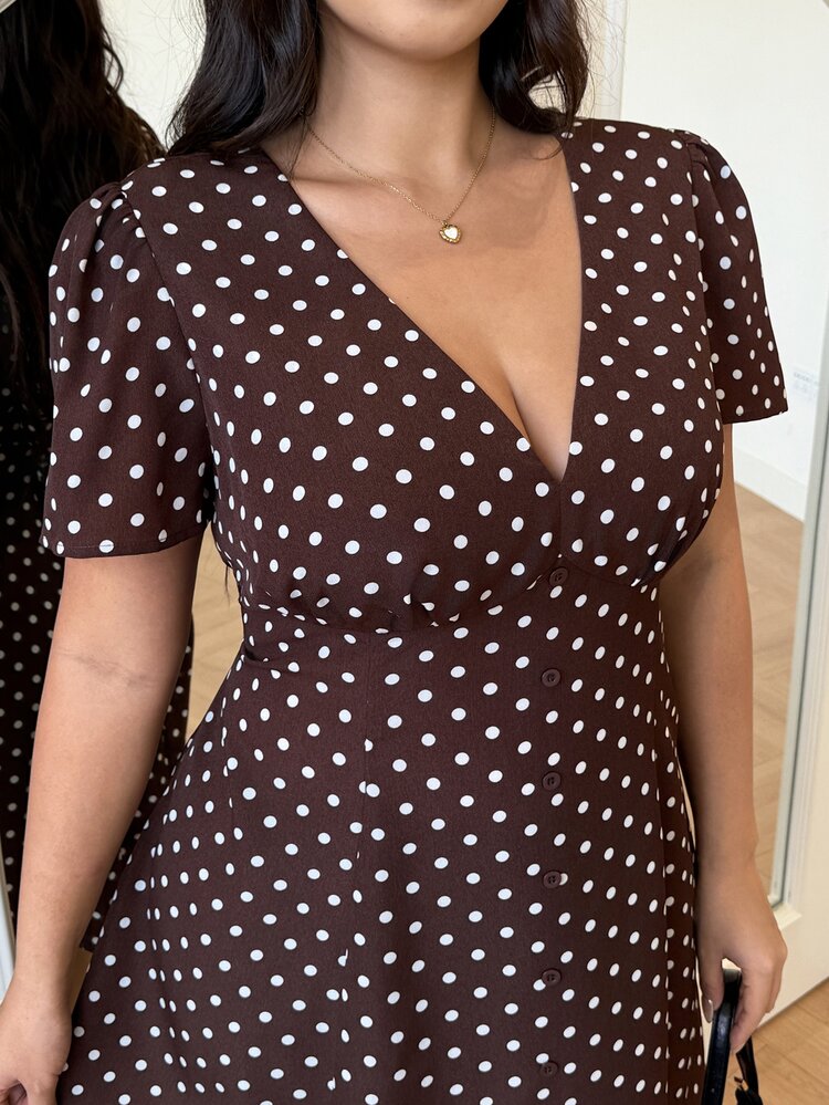 GalTyme Polka Dot Women's Plus Size V-Neck Short Sleeve Fashion Dress - Multicolor - View 4