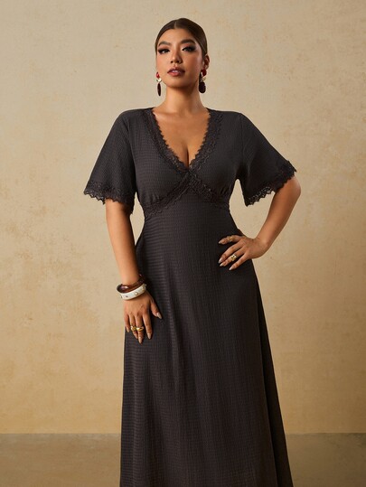 Travachic Plus Size Women's Contrast Lace V-Neck Short Sleeve Elegant 1950s Vintage Dress Formal Birthday Chocolate Brown Summer