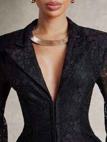 Silquee 高端女款黑色蕾絲深V領垂墜長袖西裝外套,適合上班與休閒穿著,優雅商務職場女裝,辦公室派對穿搭 - 紅木色 - 查看 11