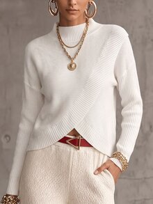 SHEIN 休闲纯色立领裹身毛衣，秋冬 - 白色 - 查看 3