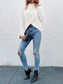 SHEIN 休闲纯色立领裹身毛衣，秋冬 - 白色 - 查看 6