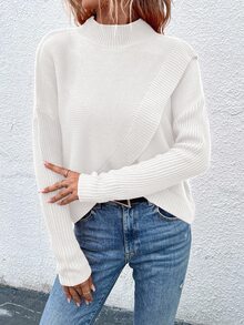 SHEIN 休闲纯色立领裹身毛衣，秋冬 - 白色 - 查看 5