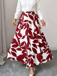 Elenzga Women's Spring/Summer Elegant Burgundy Red Leaf Print Side Knot High Waist Slim Fit Flared Long Skirt - Red - View 7