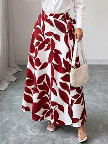 Elenzga Women's Spring/Summer Elegant Burgundy Red Leaf Print Side Knot High Waist Slim Fit Flared Long Skirt - Red - View 3