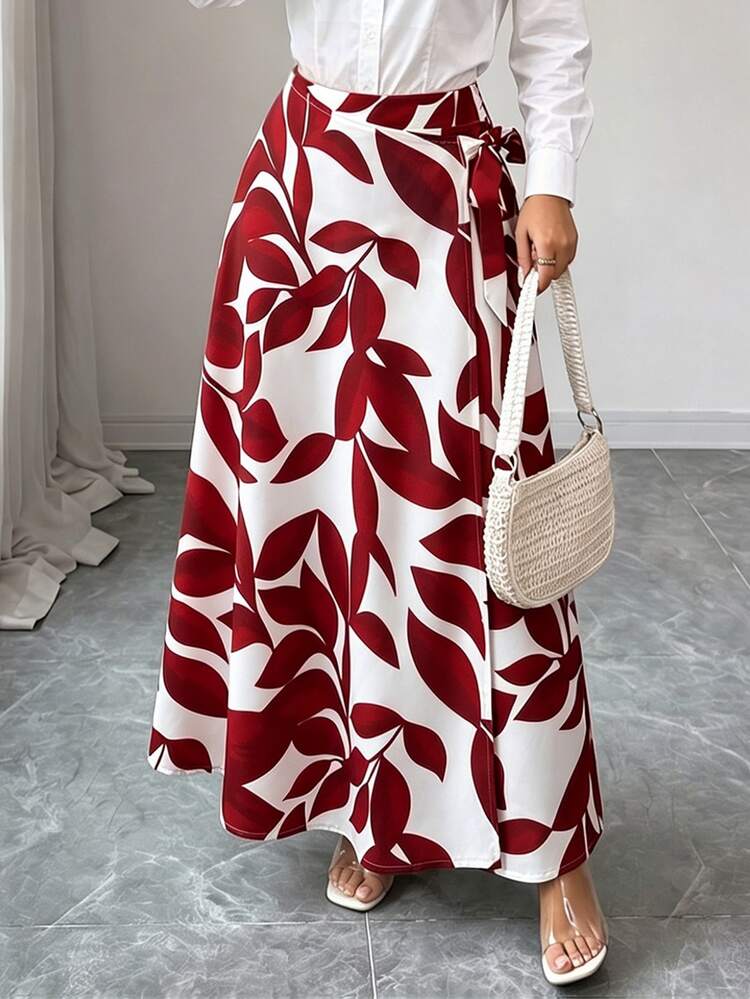 Elenzga Women's Spring/Summer Elegant Burgundy Red Leaf Print Side Knot High Waist Slim Fit Flared Long Skirt - Red - View 3