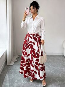 Elenzga Women's Spring/Summer Elegant Burgundy Red Leaf Print Side Knot High Waist Slim Fit Flared Long Skirt - Red - View 1