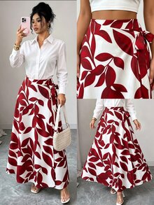 Elenzga Women's Spring/Summer Elegant Burgundy Red Leaf Print Side Knot High Waist Slim Fit Flared Long Skirt - Red - View 6