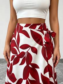 Elenzga Women's Spring/Summer Elegant Burgundy Red Leaf Print Side Knot High Waist Slim Fit Flared Long Skirt - Red - View 8