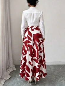 Elenzga Women's Spring/Summer Elegant Burgundy Red Leaf Print Side Knot High Waist Slim Fit Flared Long Skirt - Red - View 2