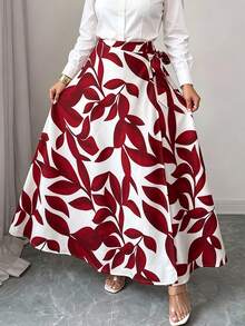 Elenzga Women's Spring/Summer Elegant Burgundy Red Leaf Print Side Knot High Waist Slim Fit Flared Long Skirt - Red - View 5