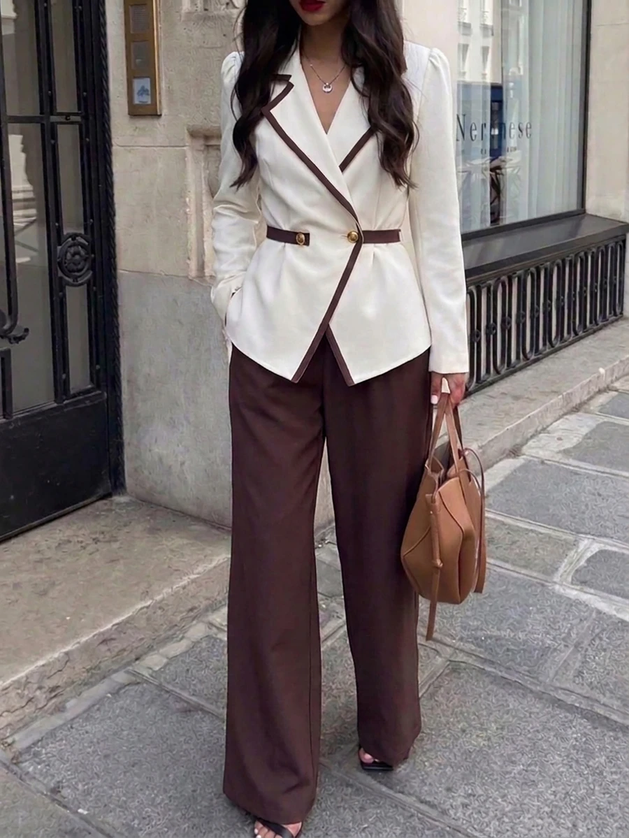Aloruh Women's Colorblock Trim Waist-Cinched Peplum Blazer + Wide Leg Suit Pants Set