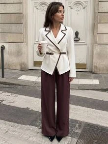 Aloruh Women's Colorblock Trim Waist-Cinched Peplum Blazer + Wide Leg Suit Pants Set - Multicolor - View 9