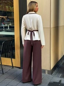Aloruh Women's Colorblock Trim Waist-Cinched Peplum Blazer + Wide Leg Suit Pants Set - Multicolor - View 3